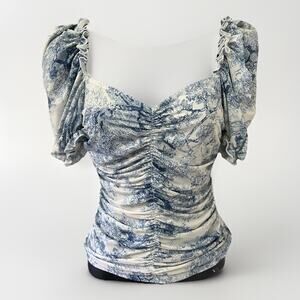 Women’s Smocked Ruched Blue White Toile Puff Sleeve Sweetheart Top Size Small